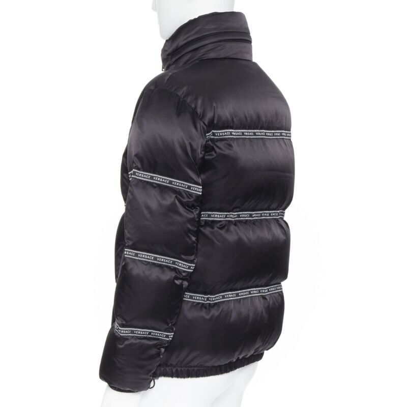 VERSACE Nastro Stampa black logo ribbon goose down padded jacket IT46 S