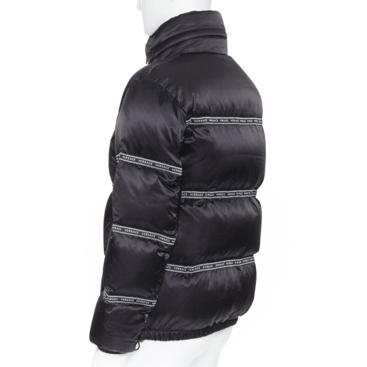 VERSACE Nastro Stampa black logo ribbon goose down padded jacket IT46 S