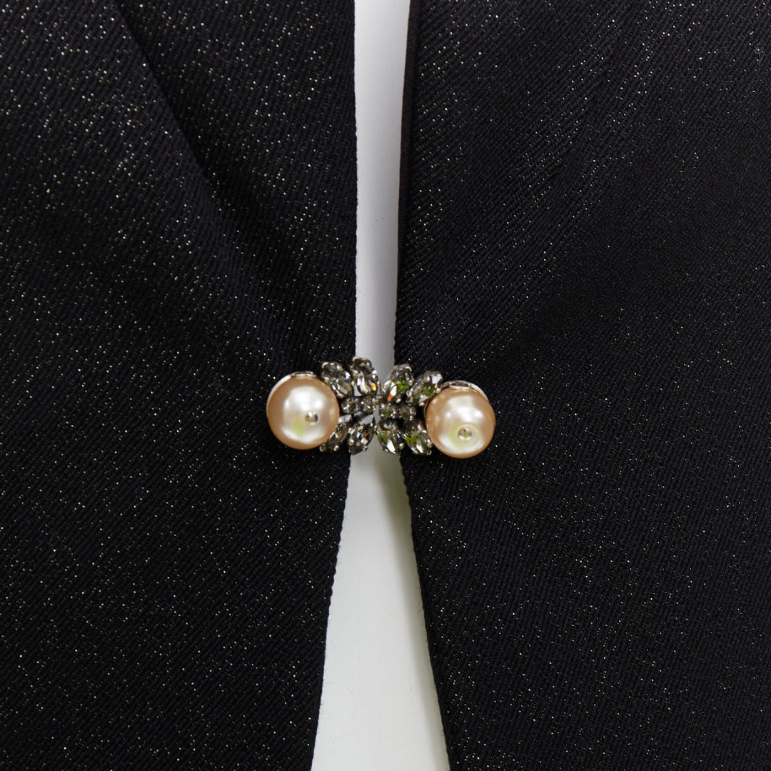 CHANEL black wool lurex pearl crystal button satin shawl collar vest FR36 S