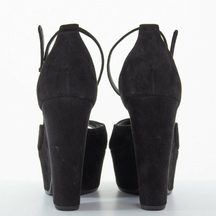 CELINE PHOEBE PHILO black suede cut out platform wedge ankle cuff heels EU36 US6