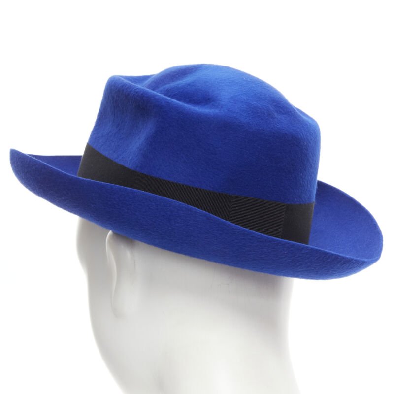 MAISON MICHEL Tiger cobalt blue wool felt black grosgrain fedora hat 57cm