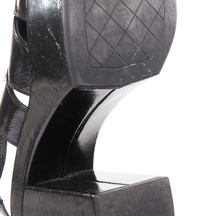 CHANEL 2024 black crumpled leather silver CC logo wedge platform heels EU37.5