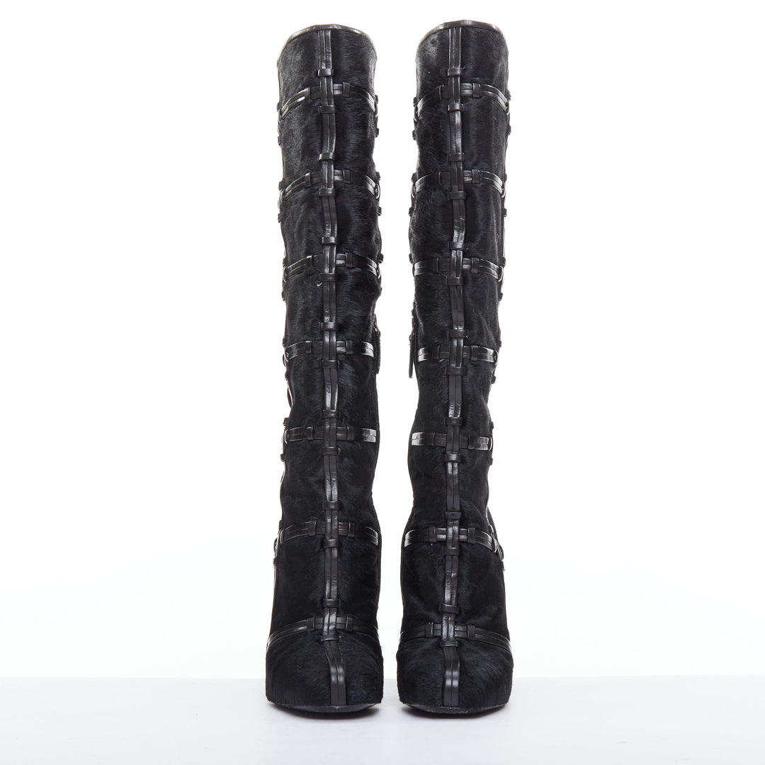 TOM FORD black ponyhair leather cage trim block heeled boots EU36
