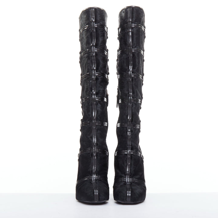 TOM FORD black ponyhair leather cage trim block heeled boots EU36