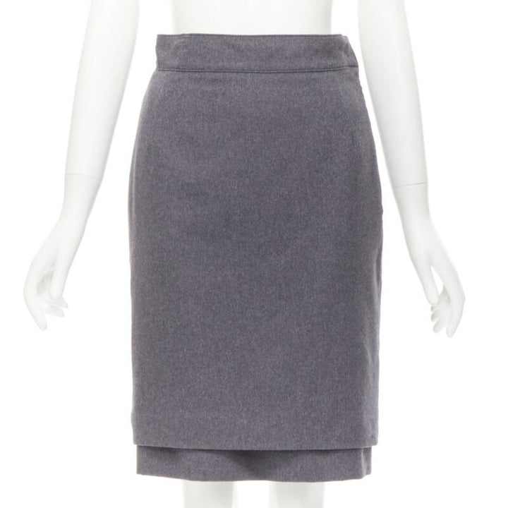 OSCAR DE LA RENTA grey wool double layered hem pencil skirt US2 XS
