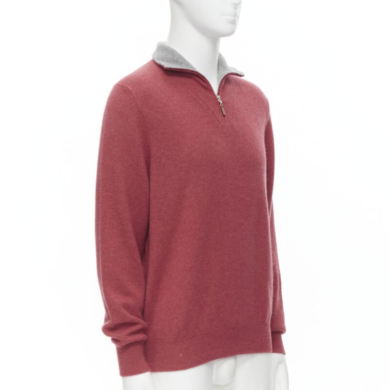 BRUNELLO CUCINELLI 100% cashmere grey collar half zip pullover sweater EU52 XL
