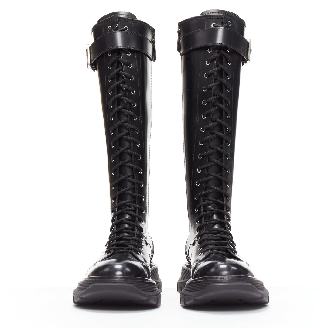 ALEXANDER MCQUEEN Tread black leather lace up combat knee high boot EU39
