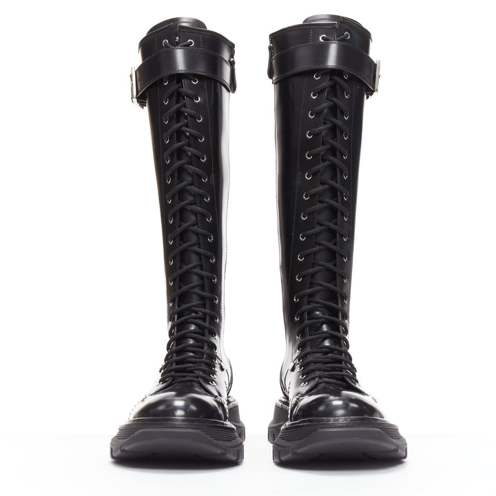 ALEXANDER MCQUEEN Tread black leather lace up combat knee high boot EU39