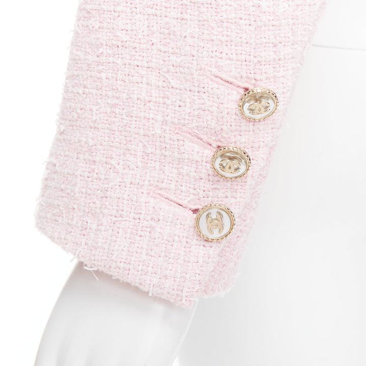 CHANEL 21P pink cotton tweed CC button double breasted cropped jacket FR38 M