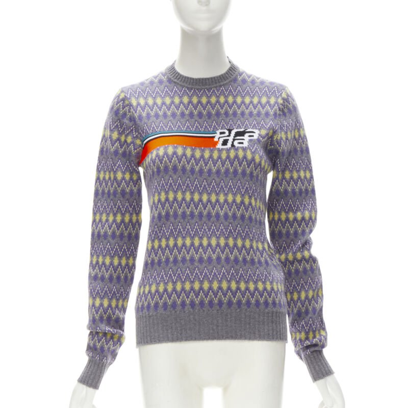PRADA Sports Logo grey purple argyle knitted sweater S
