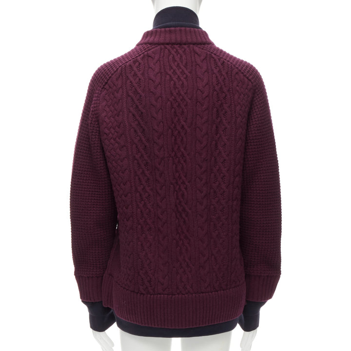 SACAI 2016 burgundy 100% wool cable knit layered hem cardigan JP3 L