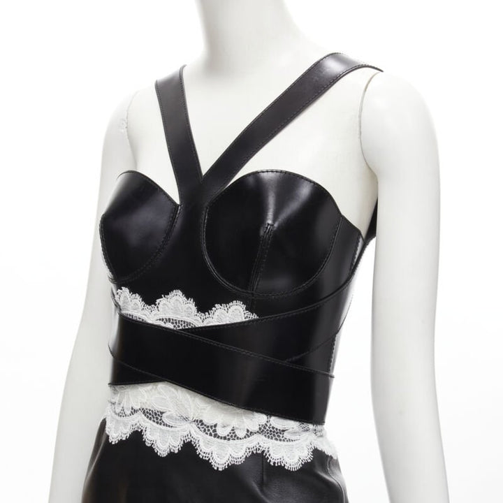ALEXANDER MCQUEEN 2020 Runway black leather bustier white lace dress IT38 S