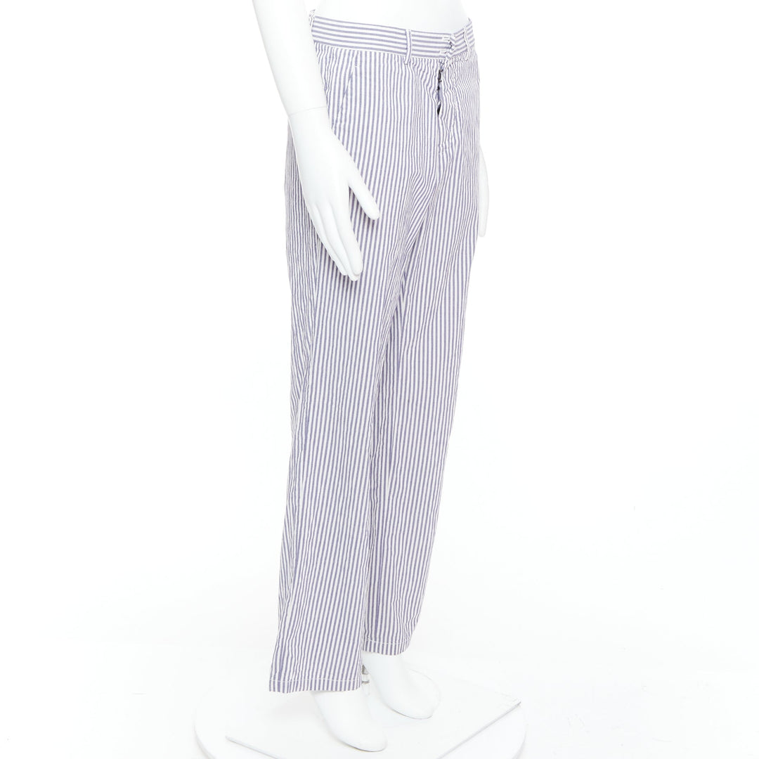 MAISON MARTIN MARGIELA white blue cotton stripe button fly wide pants IT46 S