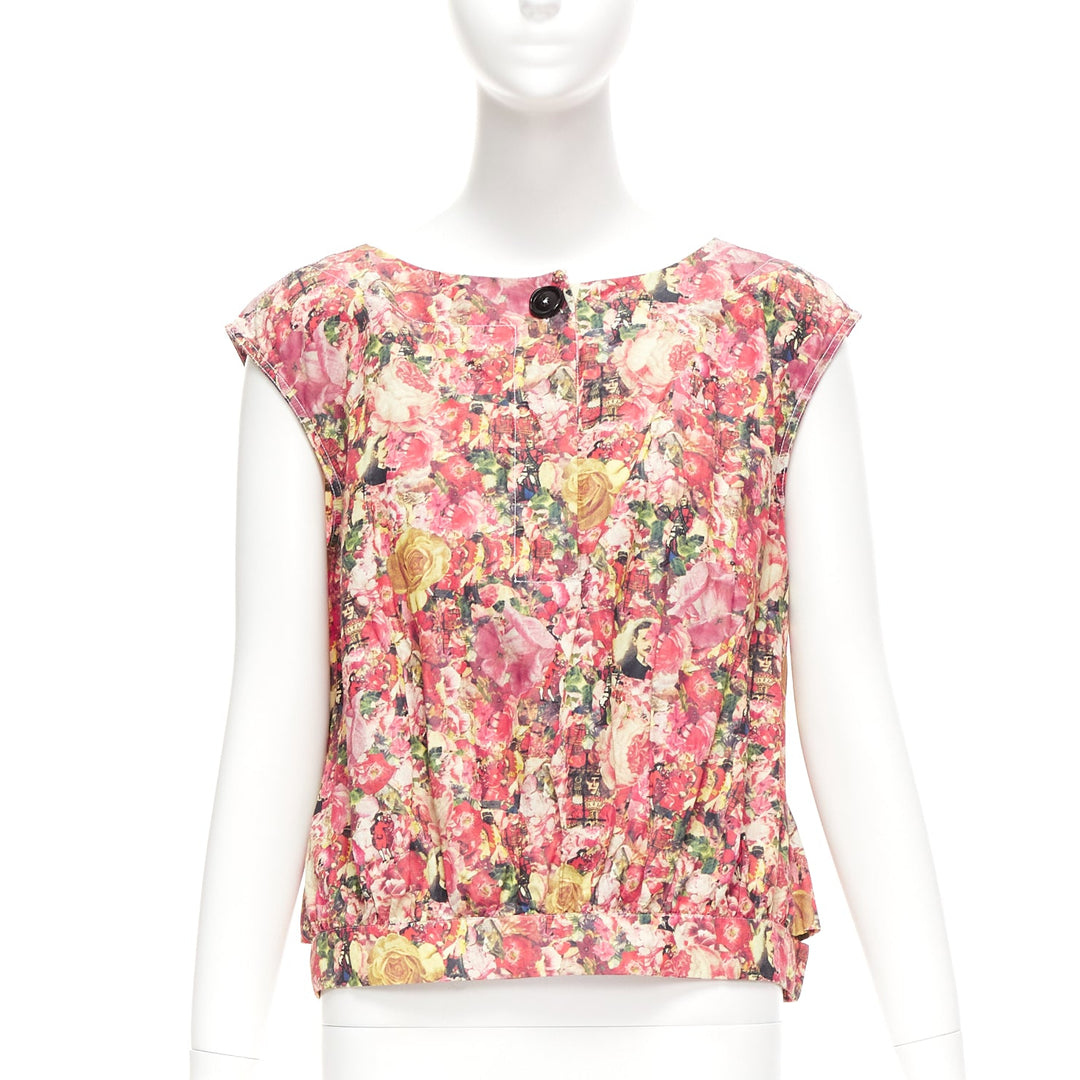 MARNI pink green floral print black button boxy vest top IT38 XS