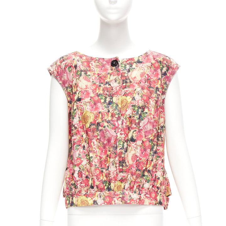 MARNI pink green floral print black button boxy vest top IT38 XS
