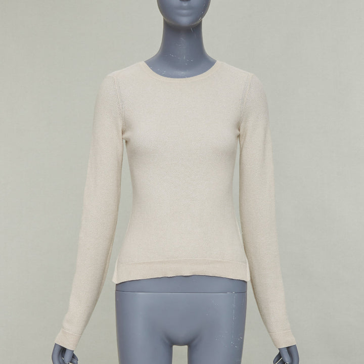 LORO PIANA 100% cashmere beige fine waffle knit crew neck sweater IT38 XS
