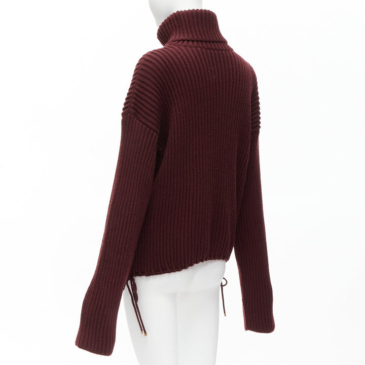 GUCCI 100% wool burgundy brown tie side drop sleeve turtleneck jumper IT38 XS