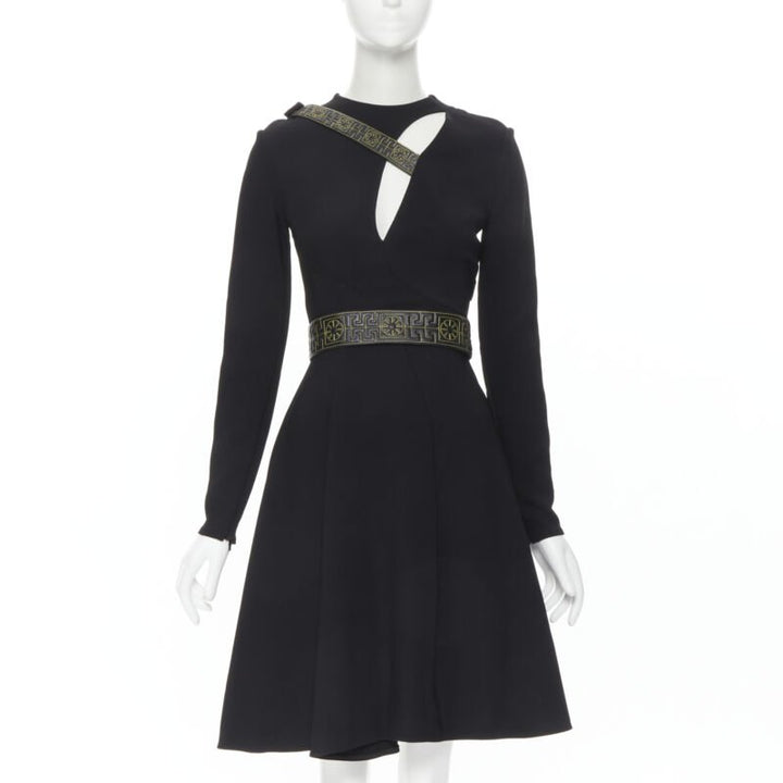 runway VERSACE black Greca stitch leather harness strap fit flare dress IT38