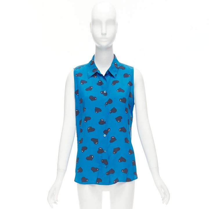EQUIPMENT 100% silk  electric blue black heart printed sleeveless blouse M