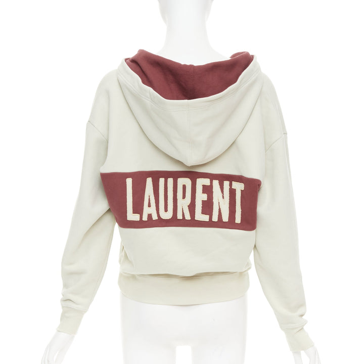 SAINT LAURENT 2022 taupe red logo applique drawstring crop hoodie XS