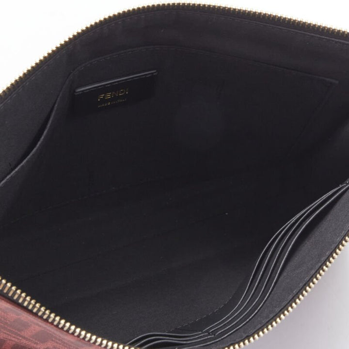 FENDI Zucca FF monogram red canvas black leather zip clutch bag