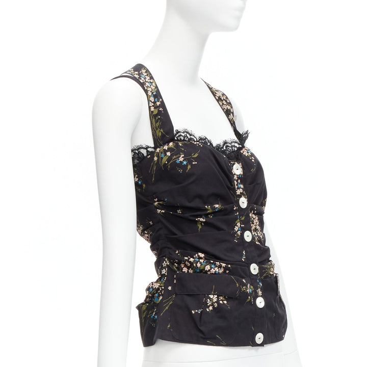 DOLCE GABBANA black floral print cross back lace trim corset top IT42 M
