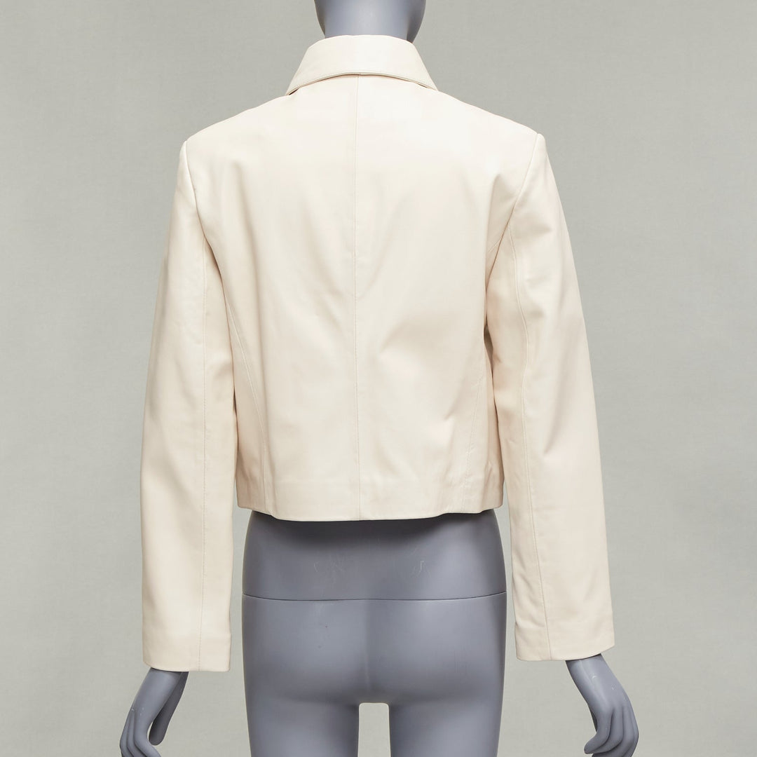NOUR HAMMOUR cream lambskin minimal dual pocket cropped zip jacket IT36 XXS