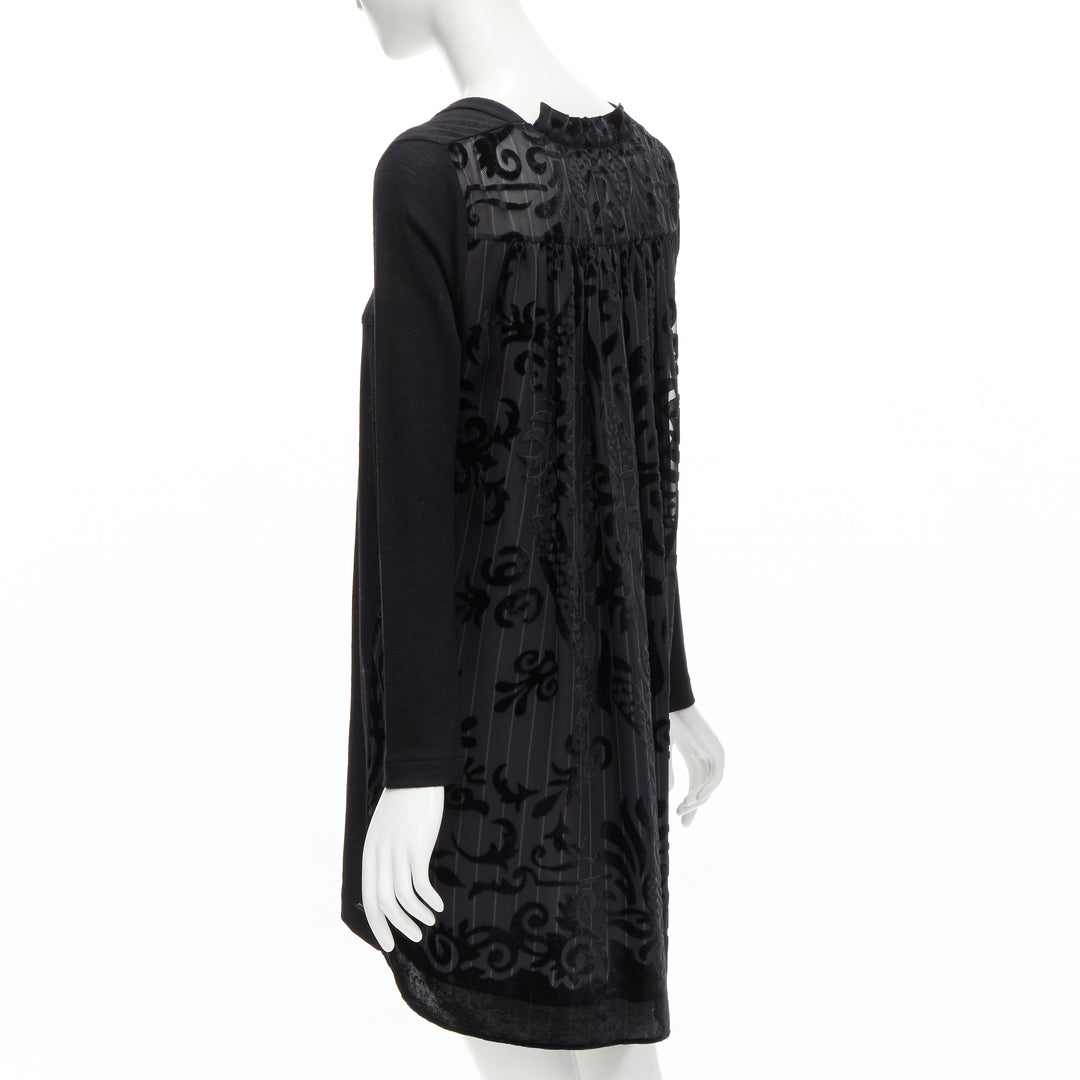 SACAI 2014 black 100% wool velvet devore striped sheer sweater dress JP2 M