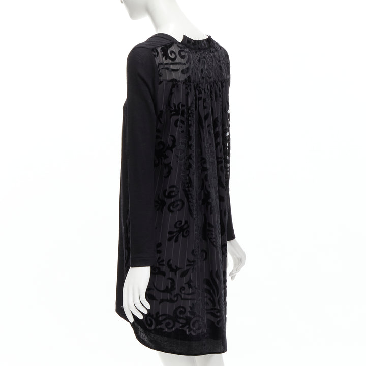 SACAI 2014 black 100% wool velvet devore striped sheer sweater dress JP2 M