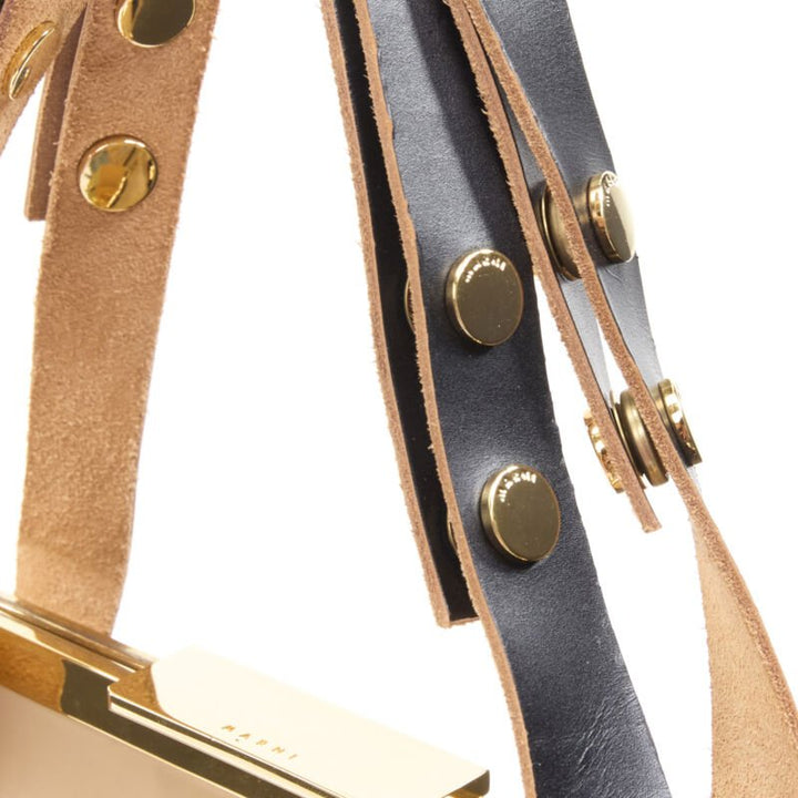 MARNI brown latex PVC gold stud leather trim metal frame tote bag
