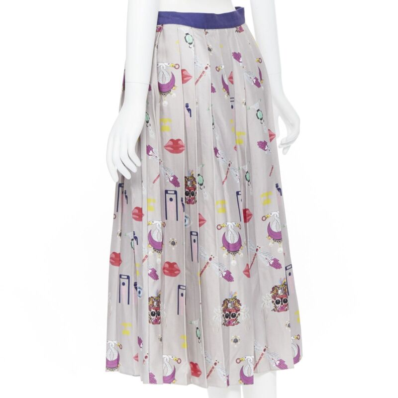 MARY KATRANTZOU grey mixed illustration print pleated midi flared skirt UK10 27"