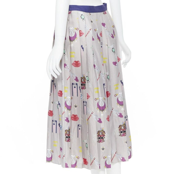 MARY KATRANTZOU grey mixed illustration print pleated midi flared skirt UK10 27"