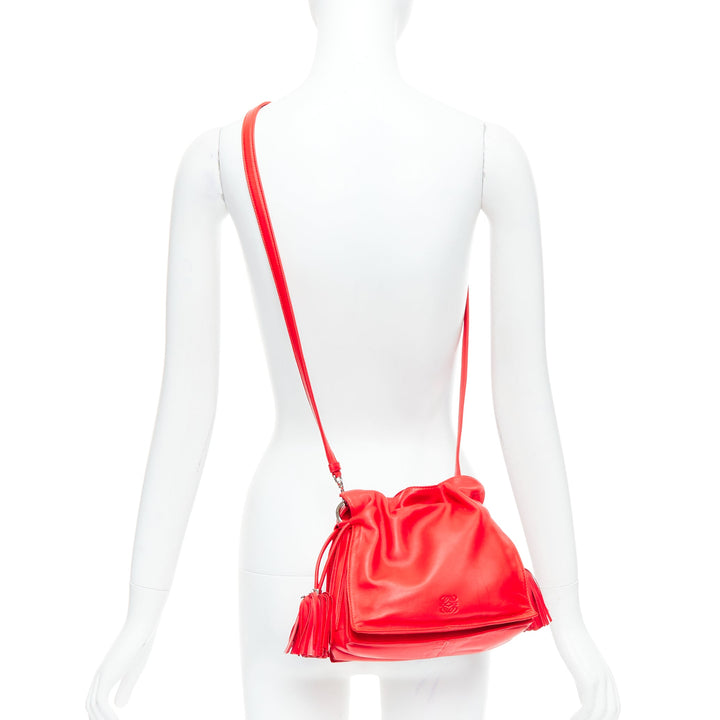 LOEWE Vintage Flamenc Tassel red soft leather anagram crossbody bucket bag