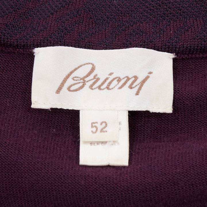 BRIONI 100% wool eggplant purple silk trimmed half zip long sleeve sweater