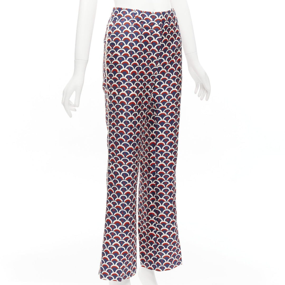 VALENTINO 100% silk  scallop print logo print navy red flared pants IT36 XXS
