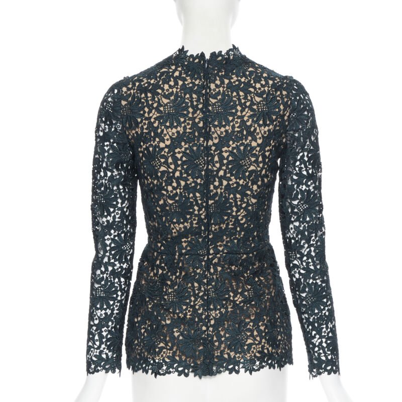 STELLA MCCARTNEY 2013 green floral guipure lace fitted waist lined top IT36 XS