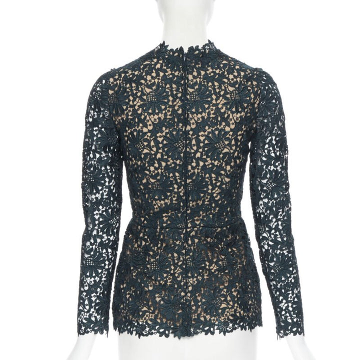 STELLA MCCARTNEY 2013 green floral guipure lace fitted waist lined top IT36 XS