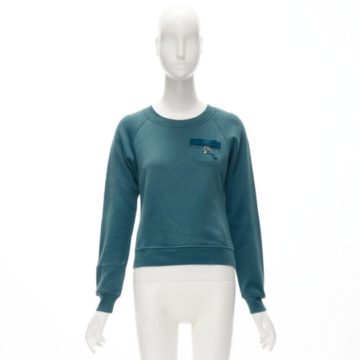 LOUIS VUITTON teal blue bow lock charm patch pocket cotton fleece sweater S