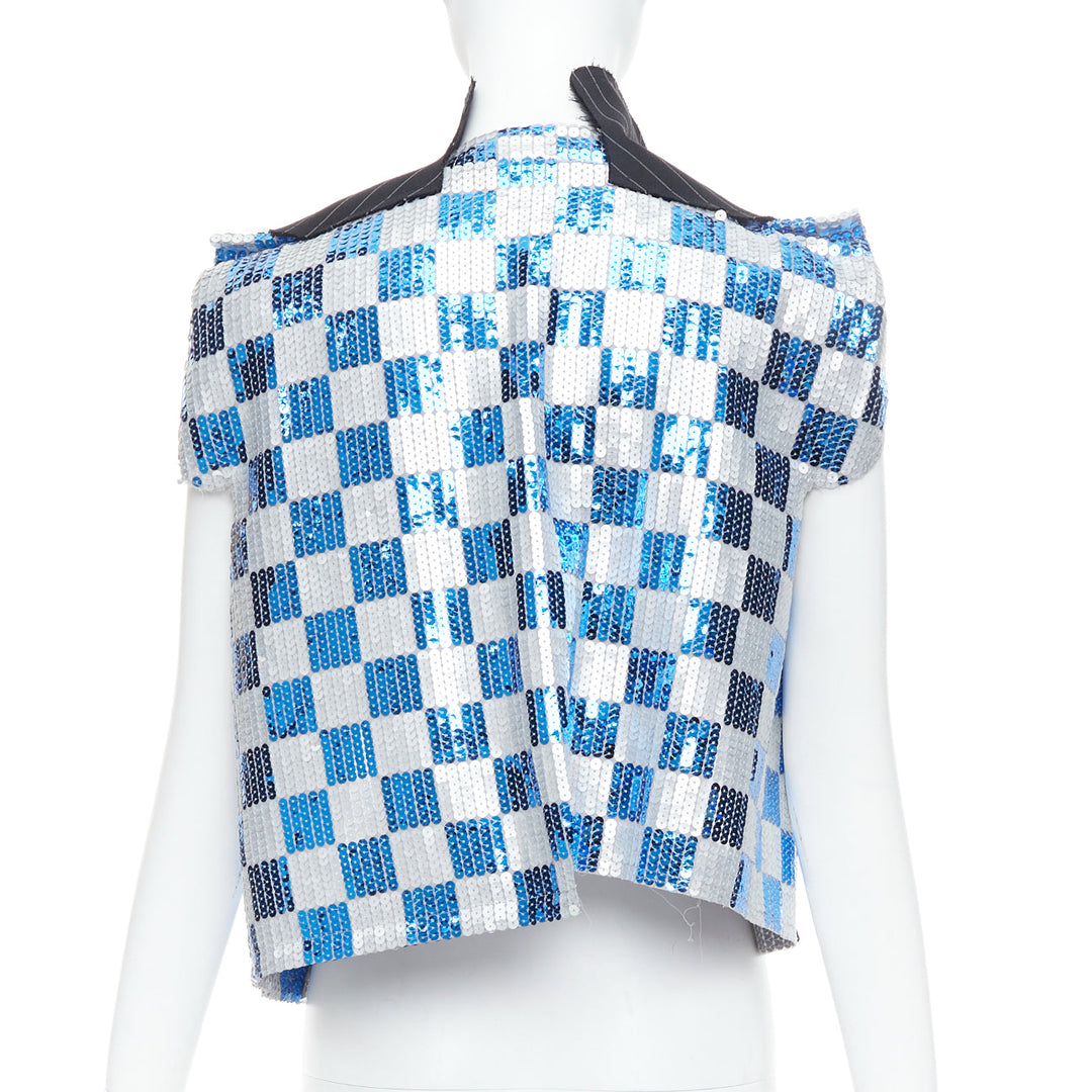 COMME DES GARCONS 2007 blue grey checkered sequin wool trim vest XS