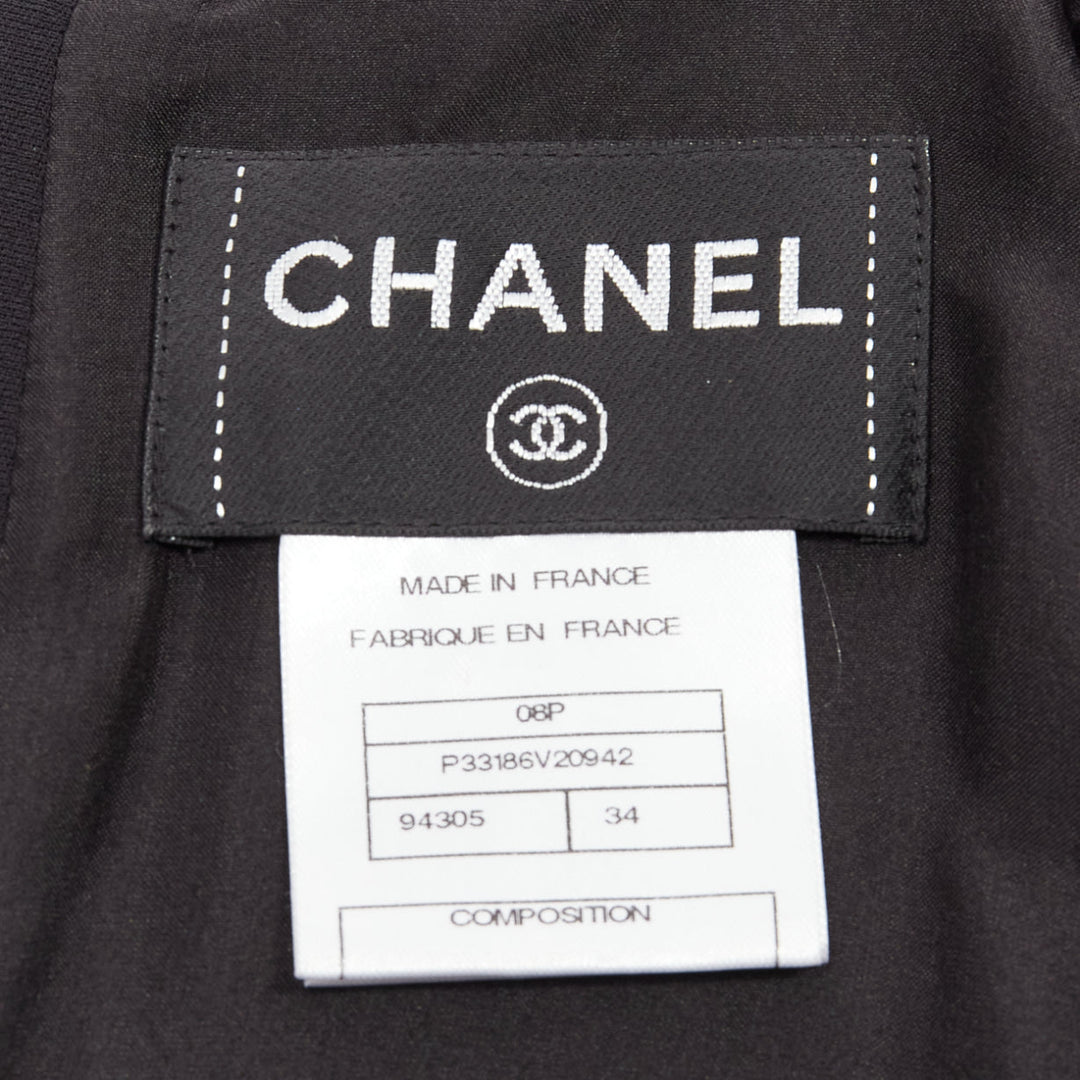 CHANEL 08P black 100% silk ruched front boned waist shift dress FR34 XS