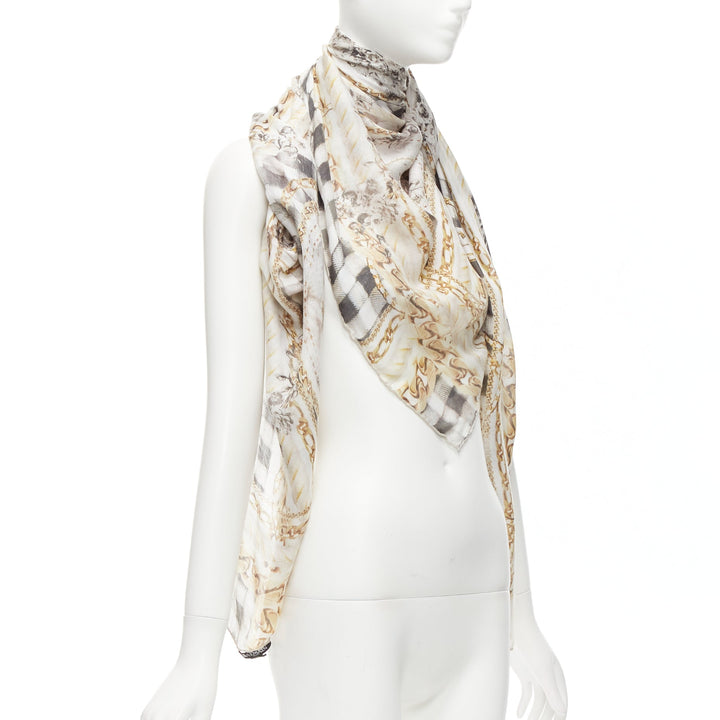 BALMAIN cream modal cashmere chain check tromp loeil print scarf