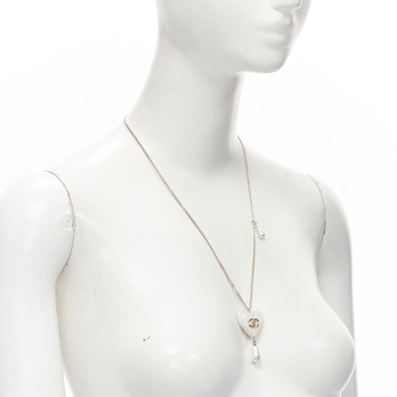 rare CHANEL B18 CC white heart drop pearl pendant necklace