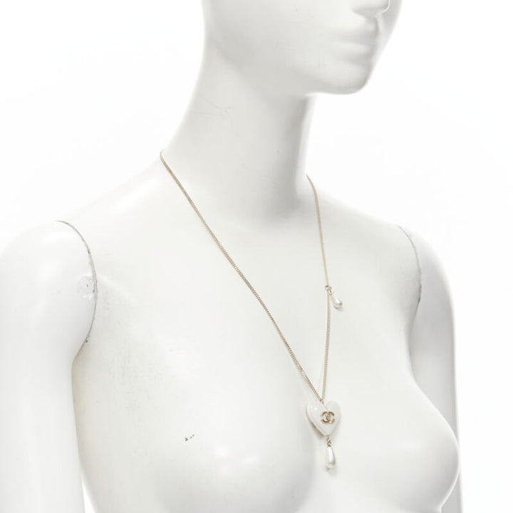 rare CHANEL B18 CC white heart drop pearl pendant necklace