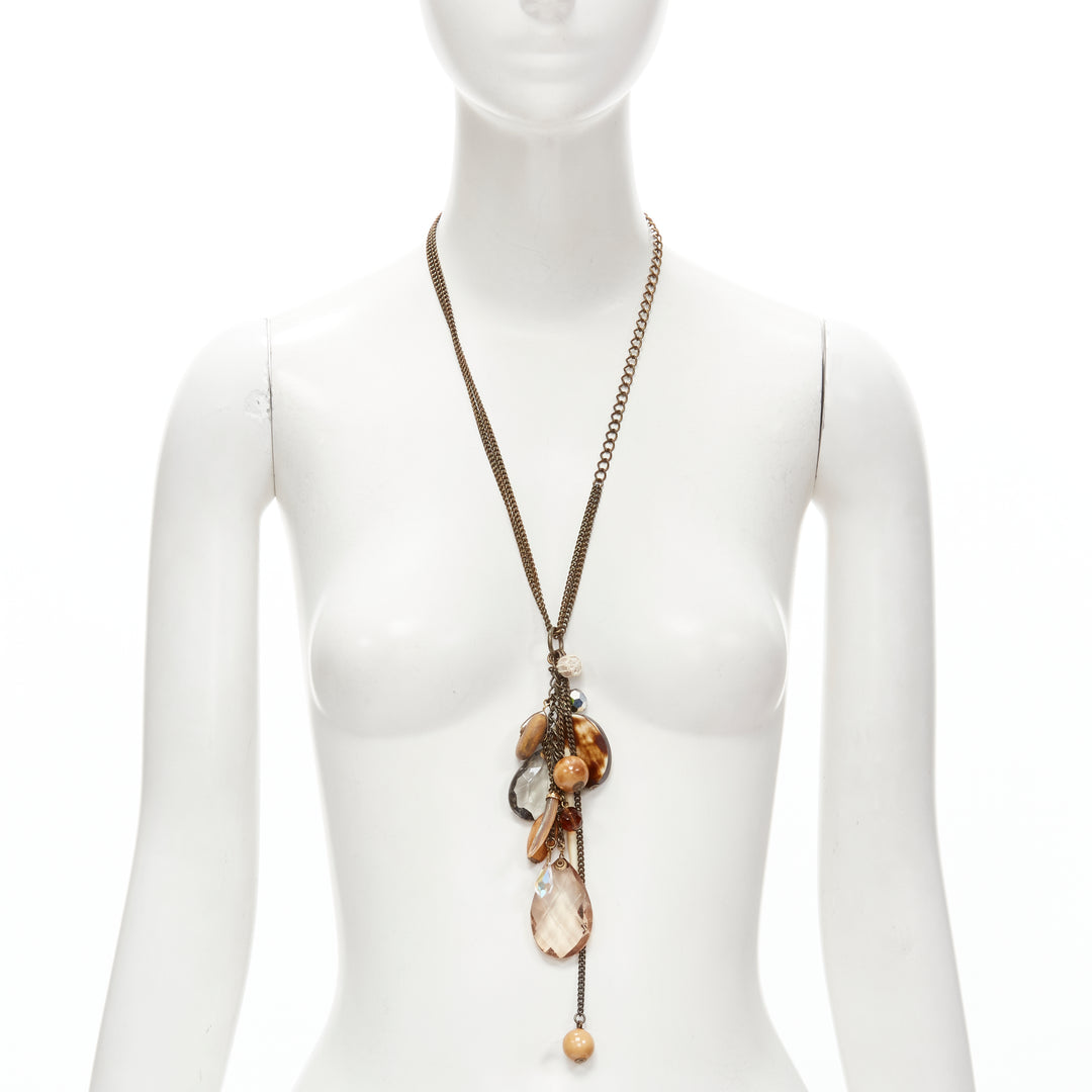 MIMCO brown acrylic wood giant crystal charm copper chain necklace