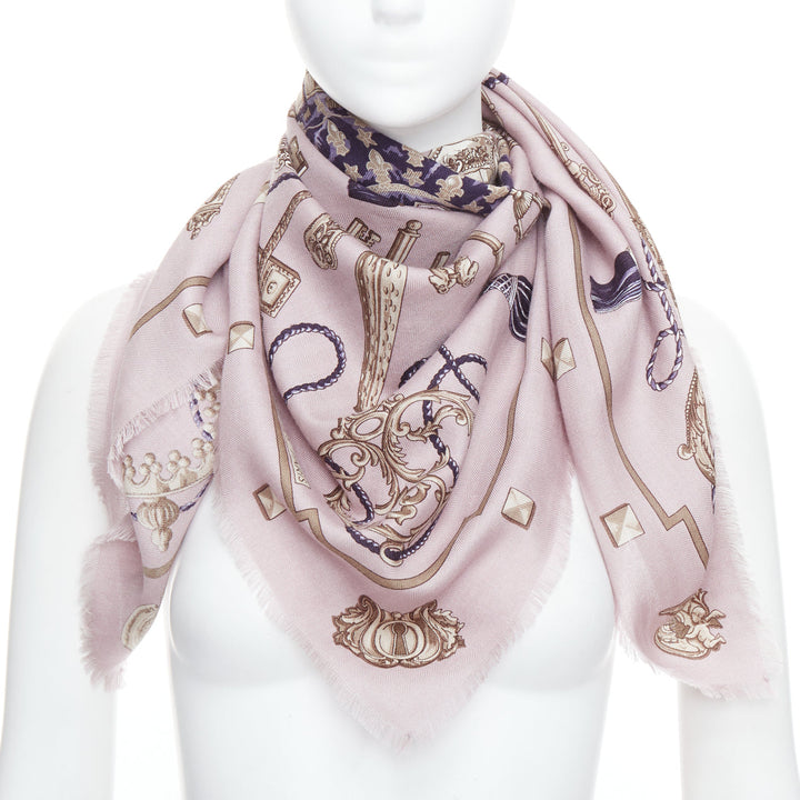 HERMES lilac cashmere silk keys tassels print fray edge scarf