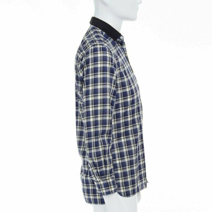 LANVIN ALBER ELBAZ blue checked cotton grosgrain ribbon collar shirt EU38 S