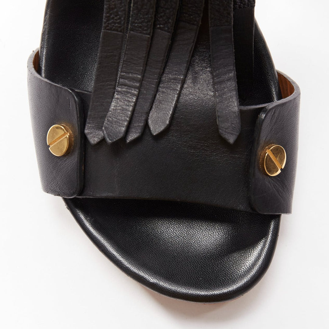 CHLOE black blue fringe detail gold nail grommet block heel sandal EU37