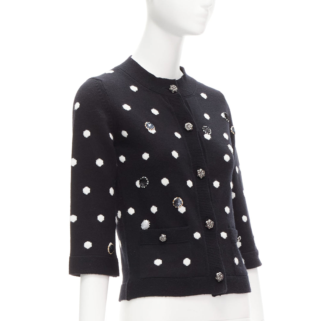 CHANEL 08A 100% cashmere silver embellished black polka dot cardigan FR34 XS