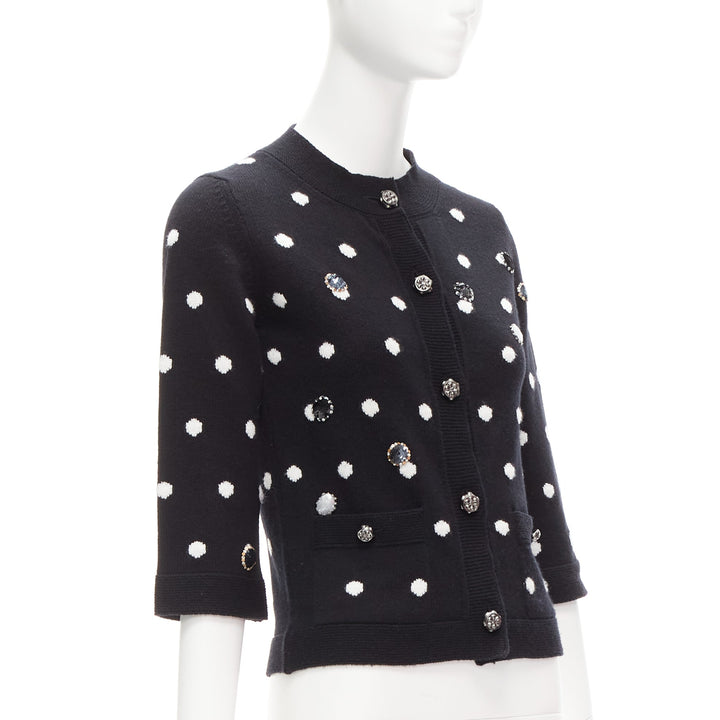 CHANEL 08A 100% cashmere silver embellished black polka dot cardigan FR34 XS