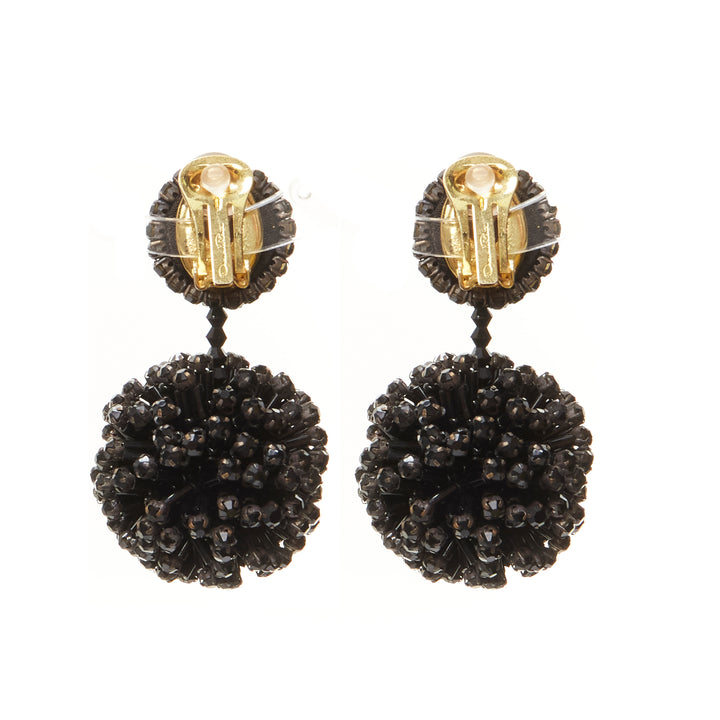 OSCAR DE LA RENTA black beaded crystal double ball drop clip on earrings